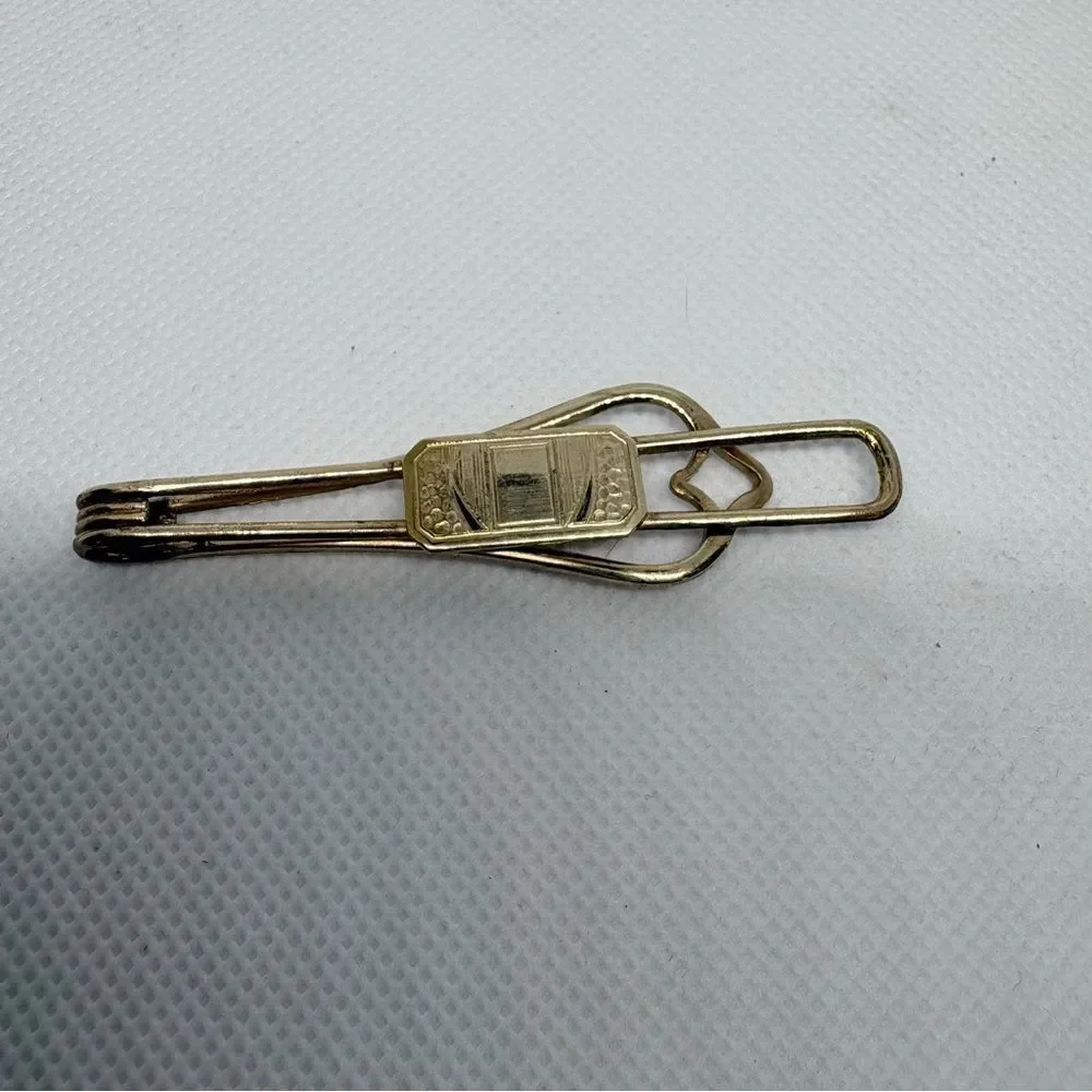 Vintage 50s Gold Tone Geometric Motif Tie Bar Money Clip